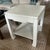 Custom White Grass Cloth Covered Side Table With Ming Legs. Color is BM white dove. Top has a lacquered finish. Drawer....
