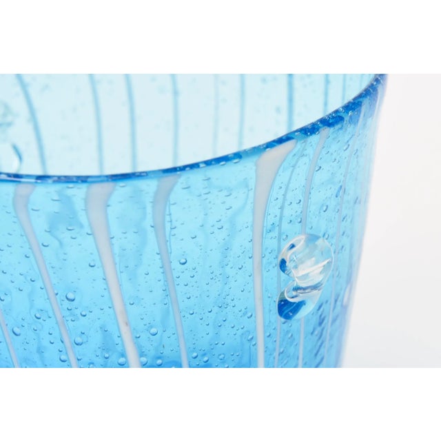 Murano Venini Sapphire Turquoise Glass Ice Bucket With White Lines 1980's For Sale In Miami - Image 6 of 10