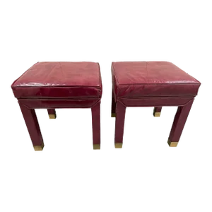 Milo Baughman Style Patent Leather Parsons Stools With Brass Caps