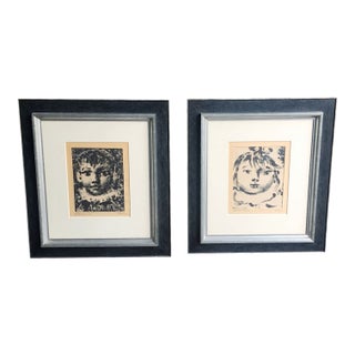 Pair of Framed Pablo Picasso Thumbprint Lithographic Originals ~ Paloma & Claude, 1960s For Sale