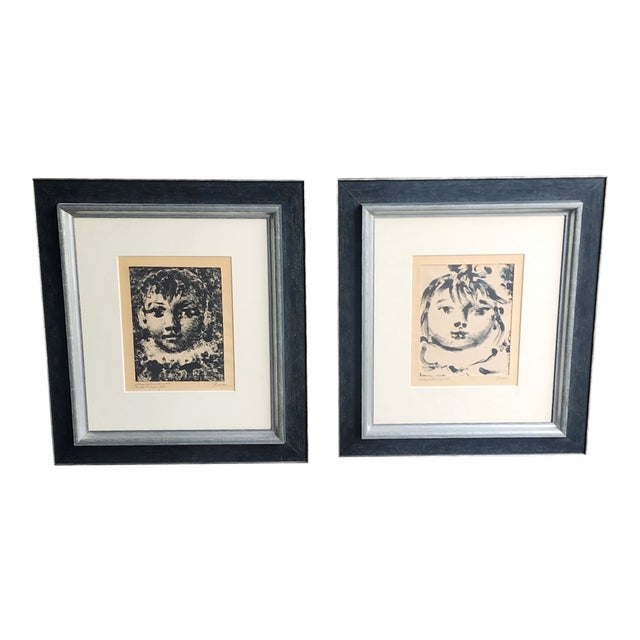 Pair of Framed Pablo Picasso Thumbprint Lithographic Originals ~ Paloma & Claude, 1960s For Sale