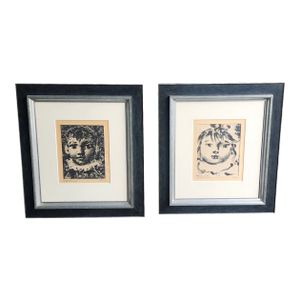 Pair of Framed Pablo Picasso Thumbprint Lithographic Originals ~ Paloma & Claude, 1960s