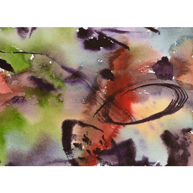 1980s Vintage Purple and Green Abstract Watercolor by Les Anderson For Sale - Image 5 of 5