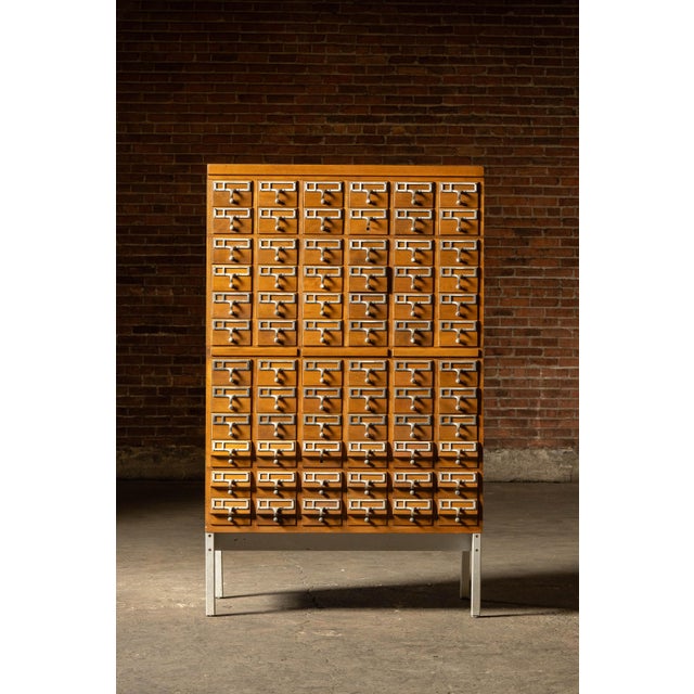 Mid-Century Modern Massive Vintage 72-Drawer Oak Library Card Catalog on Steel Base For Sale - Image 3 of 12