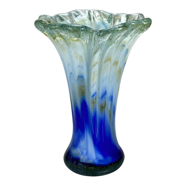 Vintage Italian Murano Blue Blown Art Glass Flared Vase For Sale