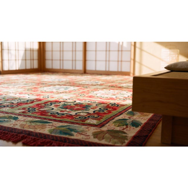 Textile 1880s Multicolor Floral Antique French Needlepoint Rug 11'10" X 14' Flatweave Wool Carpet For Sale - Image 7 of 9