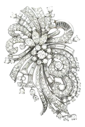 Mid-Century Diamond 18k White Gold Floral Spray Double-Clip Brooch