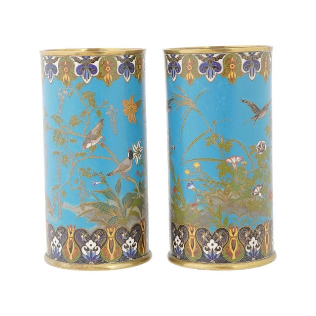 Pair of Japanese Cloisonne Enamel Ducks Birds and Floral Turquoise Grounds Vases For Sale In New York - Image 6 of 9