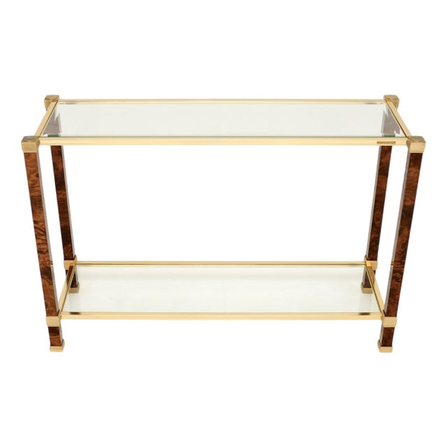 Vintage French Walnut and Brass Console Table attributed to Pierre Vandel Paris, 1970s For Sale