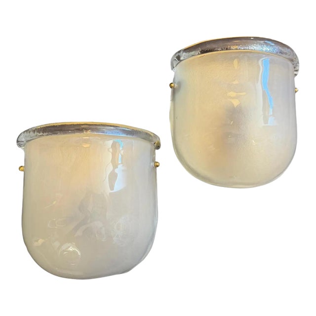 1990s Mid-Century Modern Barovier Style Murano Glass and Brass Wall Sconces For Sale