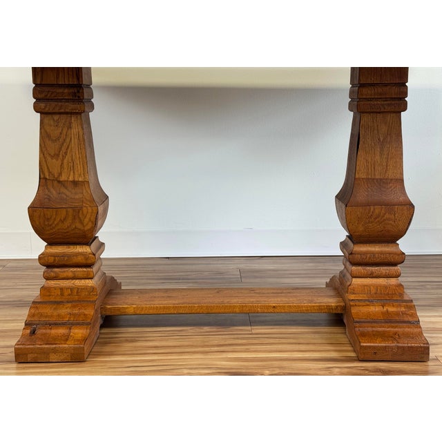 Wood Vintage Solid Wood Tuscan Farmhouse Style Drop Leaf Trestle Table For Sale - Image 7 of 17