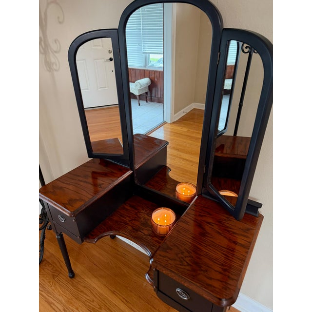 Wood Vintage Satin Black & Oak Vanity With Tri-Fold Mirror | Refinished Makeup Vanity Desk For Sale - Image 7 of 11
