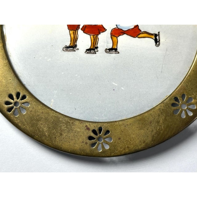 Traditional German Brass Framed Porcelain Plate: Hand Painted Skating Children For Sale - Image 3 of 8