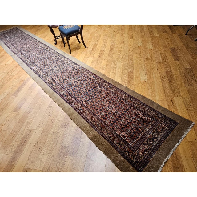 Textile Antique Persian Serab Camel Hair Runner Rug, Hand-Knotted Wool, Allover Geometric Pattern, Red & Blue, 3x20 For Sale - Image 7 of 15