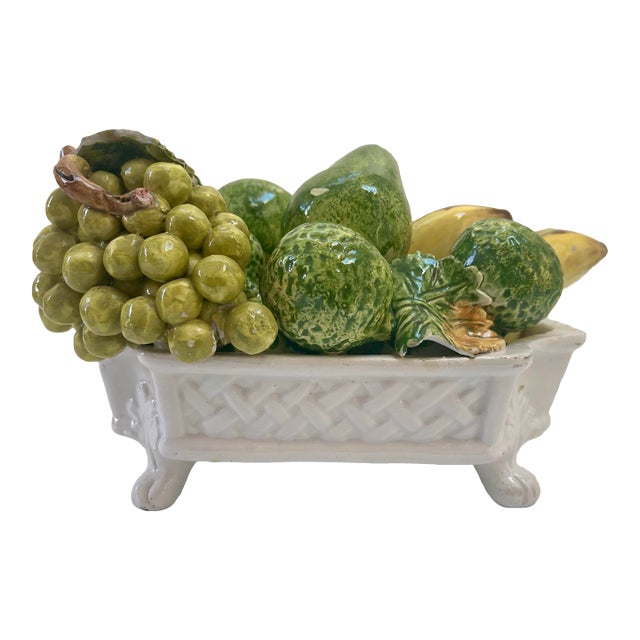 Italian Majolica Mid-Century Ceramic Fruit Centerpiece Basket For Sale