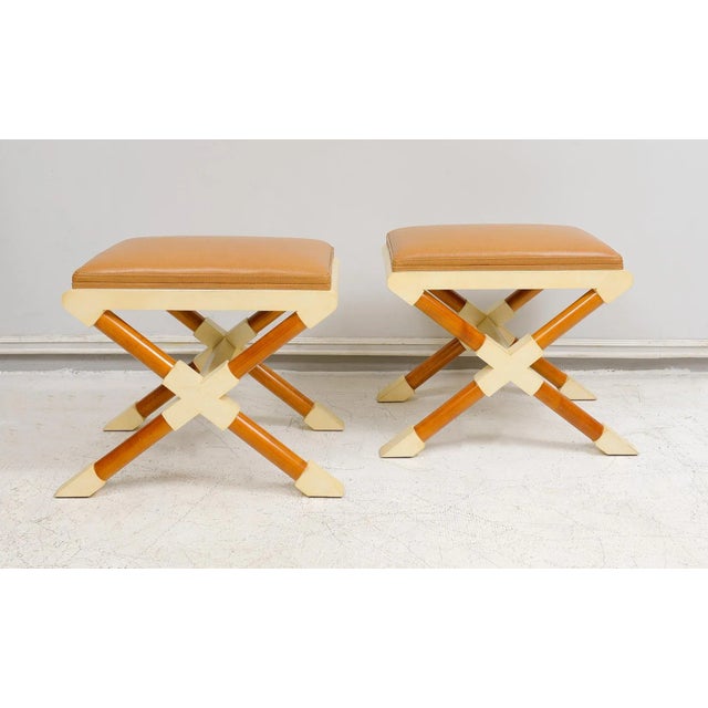 Contemporary Bespoke Pair of Georgetta Parchment X-Frame Benches For Sale - Image 3 of 9