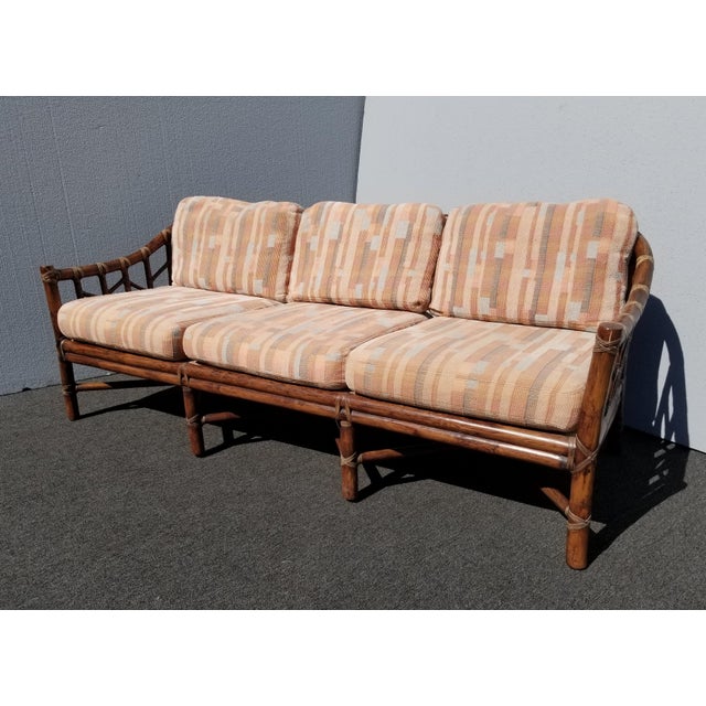 Vintage Mcguire Furniture Company Rattan Sofa With Leather Rawhide