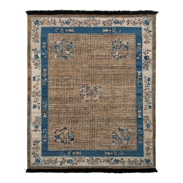 Rug & Kilim’s Chinese Art Deco Style Rug in Beige-Brown and Blue Medallion Style For Sale
