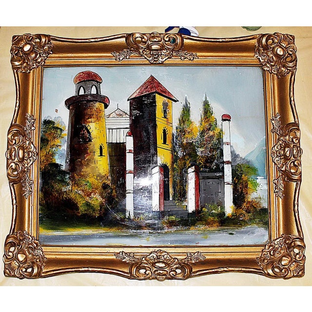 Here's an unusual reverse-painted artwork on glass panel. It is an early 20th century painting in an original gilt gesso...