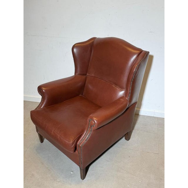 Vintage Tobacco Brown Leather Wingchair For Sale - Image 6 of 7
