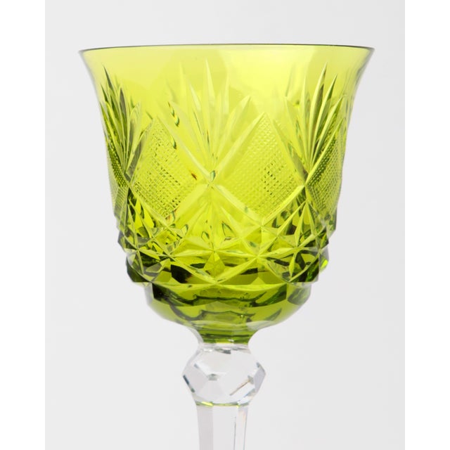 Vintage Bohemian Lime Peridot Cut to Clear Wine Water Goblet, 1950s, Set of 10 For Sale - Image 4 of 8