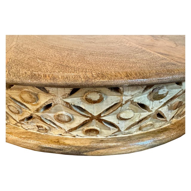 1990s Round Solid Wood Latttice Carved Riser / Table | Chairish