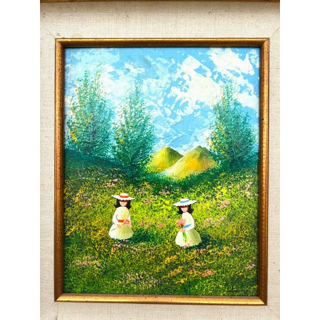 1960s - 1970s Vintage Oil Painting Young Girls in Sunhats in Field Picking Flowers The painting is of two young girls with...