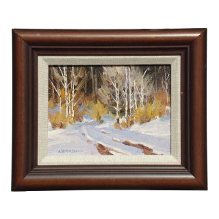 1990s "Aspen Trail" Winter Landscape Oil Painting on Panel by Bill Warden, Framed For Sale