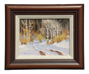 1990s "Aspen Trail" Winter Landscape Oil Painting on Panel by Bill Warden, Framed