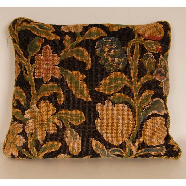 Textile 19th Century French Needlepoint Pillow Throw Cushion Floral Dark Blue Hand Crafted For Sale - Image 7 of 9