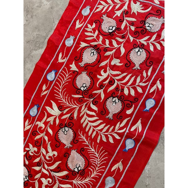 Textile Red Silk Suzani Table Runner With Cream Vine Scrolls For Sale - Image 7 of 9