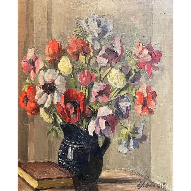 Louis Henri Salzmann, Flowers in a Black Pitcher, Oil on Canvas, 1935 For Sale