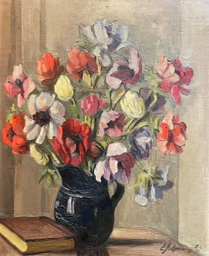 Louis Henri Salzmann, Flowers in a Black Pitcher, Oil on Canvas, 1935