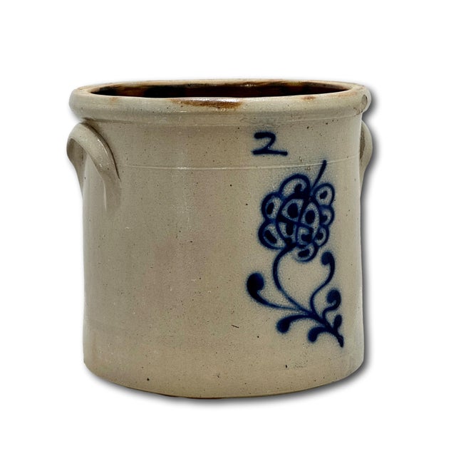 Antique American 2 Gallon Stoneware Storage Crock With Beautiful Hand Decorated Blue Flower Design Circa Mid 1800s For Sale In Boston - Image 6 of 18