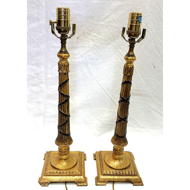 Gold Vintage Hollywood Regency Style Gold Leaf Column Candlestick Lamps- A Pair For Sale - Image 8 of 18