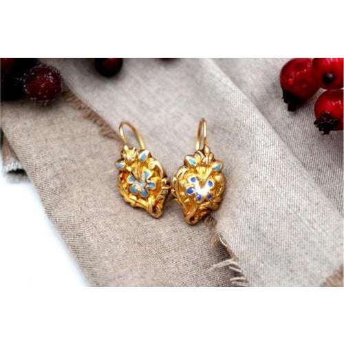 Gold Earrings with Reliefs and Enamel, Set of 2 For Sale - Image 5 of 8