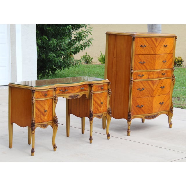 French Provincial Magnificent Vintage French Provincial Louis XV Rococo Satinwood & Burl Wood Vanity and Tall Boy Chest Set For Sale - Image 3 of 18