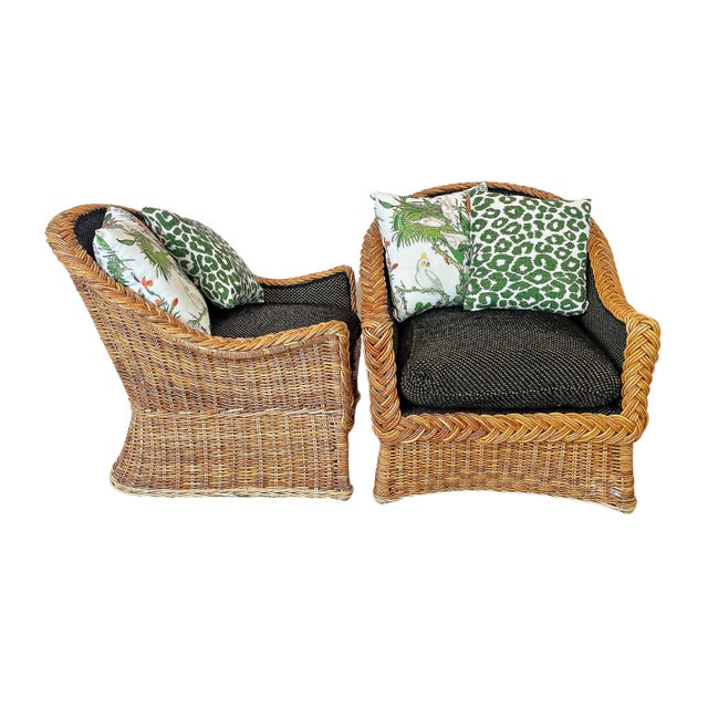 20th Century Pair of Braided Rattan Wicker Upholstered Chairs Chairish