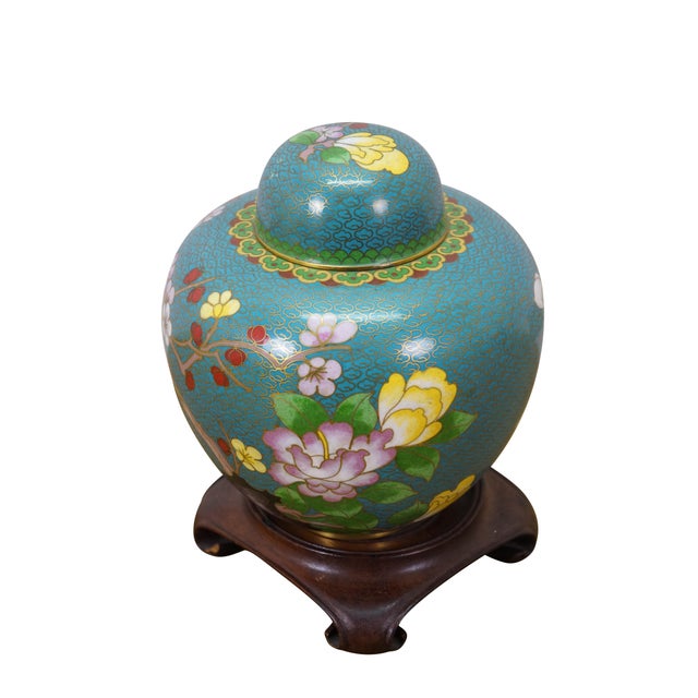 Chinoiserie Antique Chinese Brass Cloisonne Enamel Cherry Blossom Ginger Jar Vase Urn 7" For Sale - Image 3 of 16