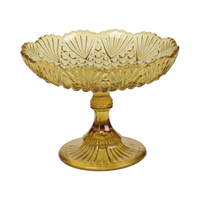 A lovely tall fruit bowl from the Art Deco period, made of amber-colored pressed glass (also known as Depression glass);...