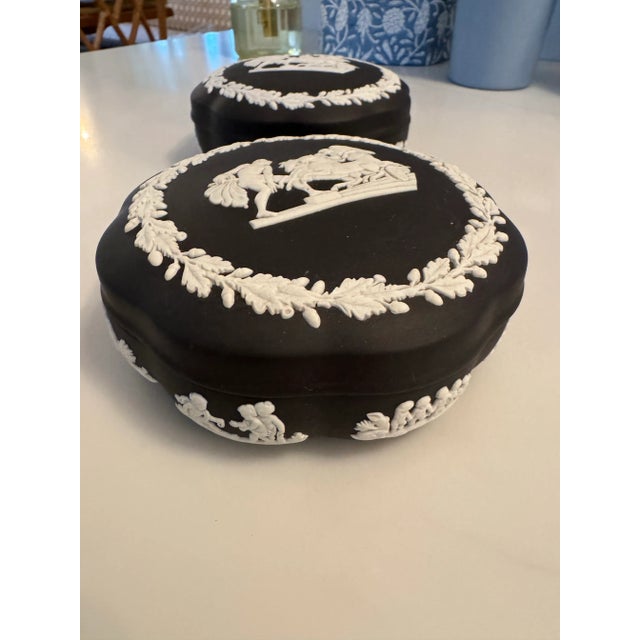 Ceramic 1950s Vintage Wedgwood Black Jasperware Round Lidded Trinket Box, a Pair For Sale - Image 7 of 7