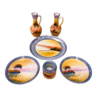 1920s–1930s Japanese Art Deco Hand-Painted Landscape Lusterware Collection – 6 Pieces For Sale