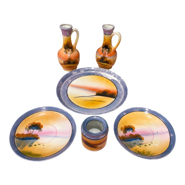 1920s–1930s Japanese Art Deco Hand-Painted Landscape Lusterware Collection – 6 Pieces For Sale