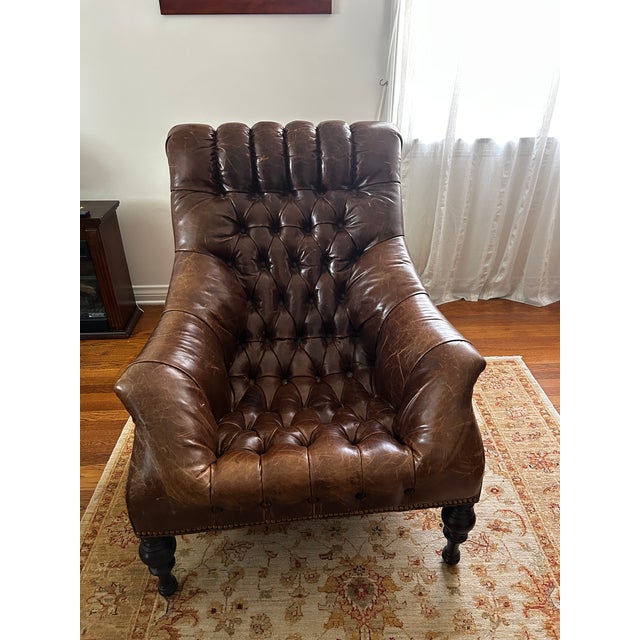 Oversized Diamond Tufted Leather Library Chair, Bobbin Legs & Nailhead Trim For Sale - Image 4 of 7