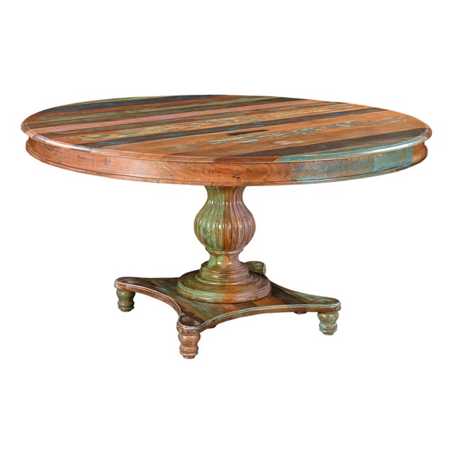 1970s Rustic Brown Reclaimed Wood Round Pedestal Dining Table – 1 Piece For Sale