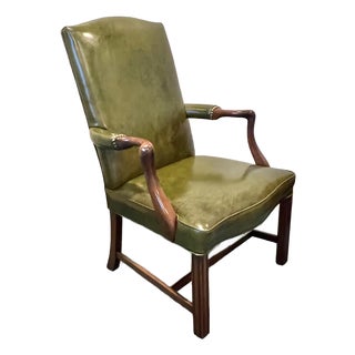 Kittinger Green Leather Chippendale Style Gainsborough Chair For Sale