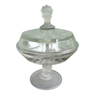 Vintage Duncan Miller Frosted Figural Faces Covered Compote Dish / Art Deco Satin Glass Candy Bowl For Sale