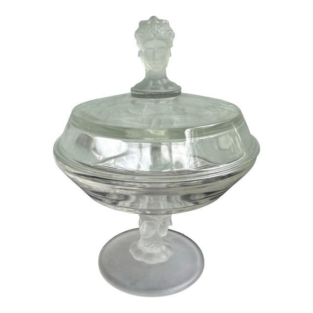 Vintage Duncan Miller Frosted Figural Faces Covered Compote Dish / Art Deco Satin Glass Candy Bowl For Sale