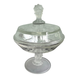 Vintage Duncan Miller Frosted Figural Faces Covered Compote Dish / Art Deco Satin Glass Candy Bowl