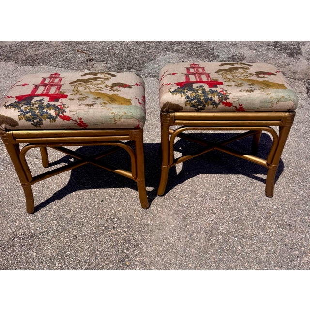 Pair of Vintage Painted Gold Bamboo Stools in Regal Fabrics “Zen Toile” Upholstery For Sale - Image 9 of 11
